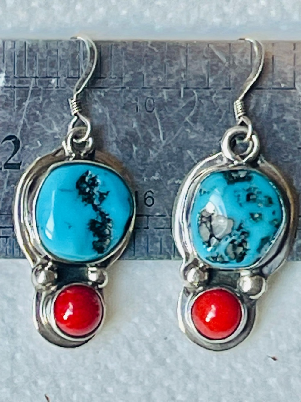 VTG Southwest Sterling Silver Turquoise
Coral Dangle Earrings